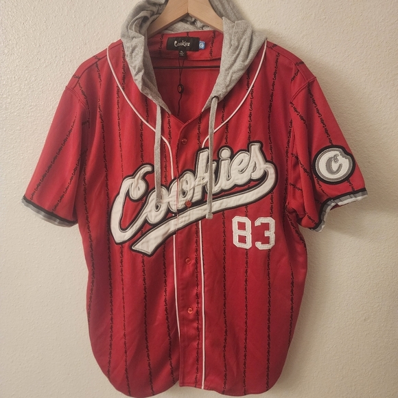 Cookies 83 Red Hooded Baseball Jersey All Over Print Mens Size XL - Picture 1 of 12